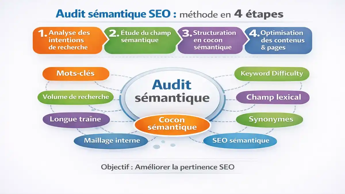 Infographie d’audit sémantique SEO avec schéma en 4 étapes et nuage de mots clés formant un cocon sémantique autour de l’audit.