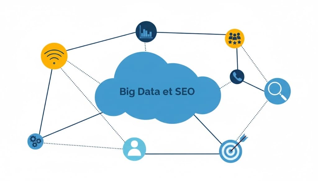 Illustration schématique montrant la connexion entre les serveurs Big Data et les flux d'optimisation SEO