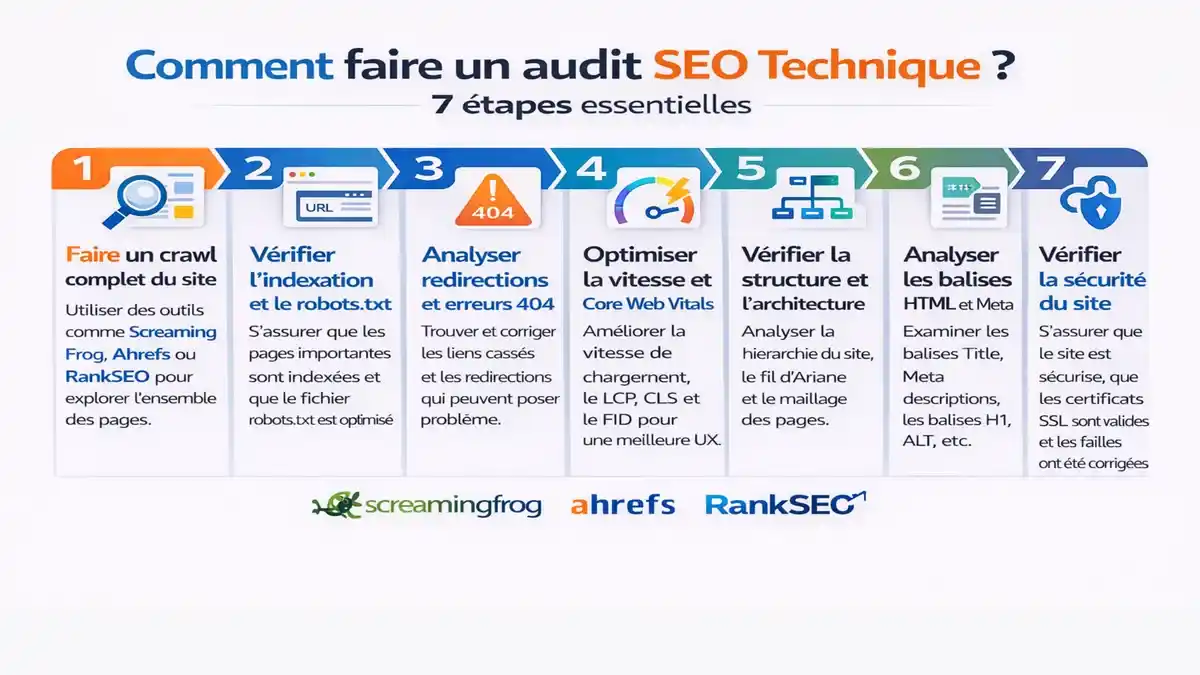 Infographie des 7 étapes d'un audit SEO technique complet